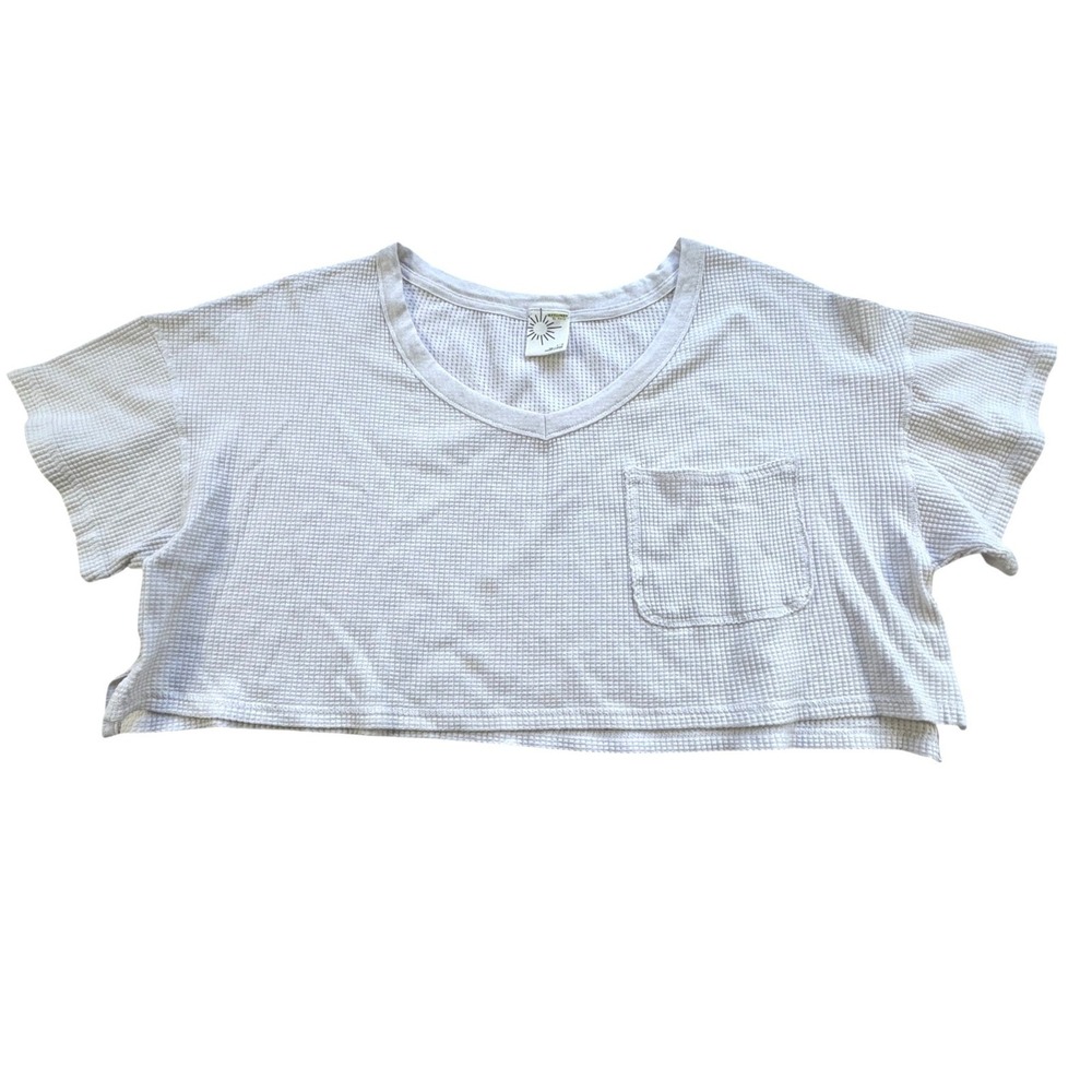 Offline by Aerie White Waffle Knit Crop Top Womens Large V Neck Pocket Coquette